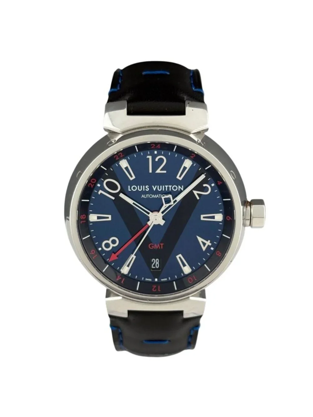Louis Vuitton Tambour GMT Watch SS Leather Automatic Winding Blue
